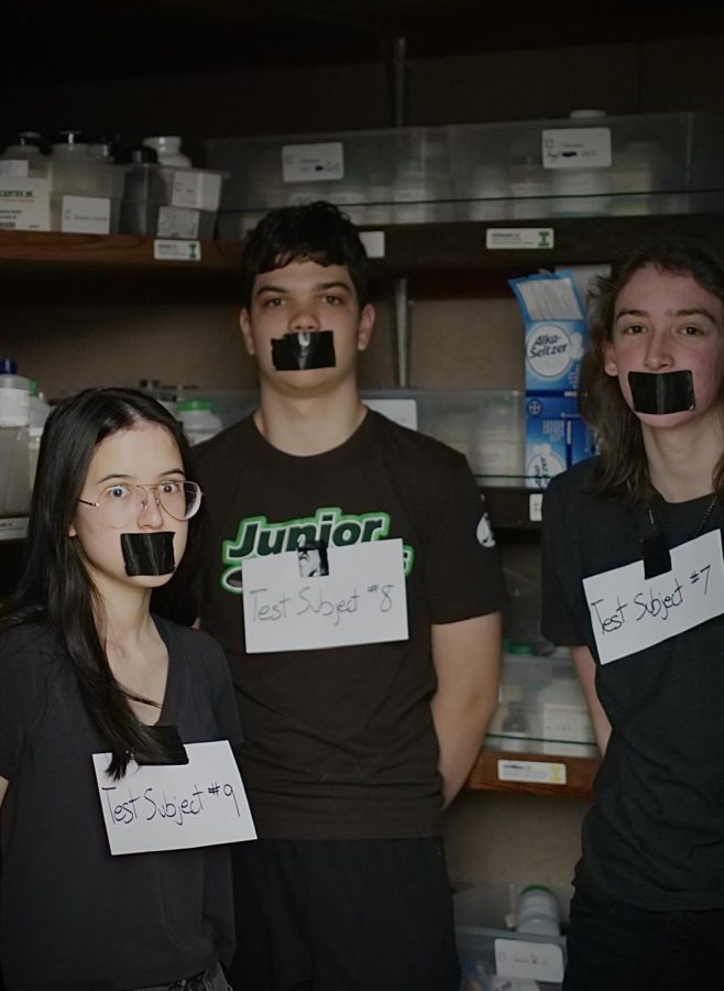 Three of the many student test subjects were found in a science room storage closet (featuring Karina Aronson, Simon Braun, and Colin Ternus).