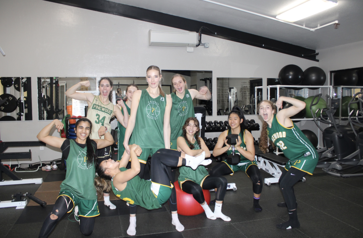 The Pinewood girls basketball team poses for a picture in the weight room.