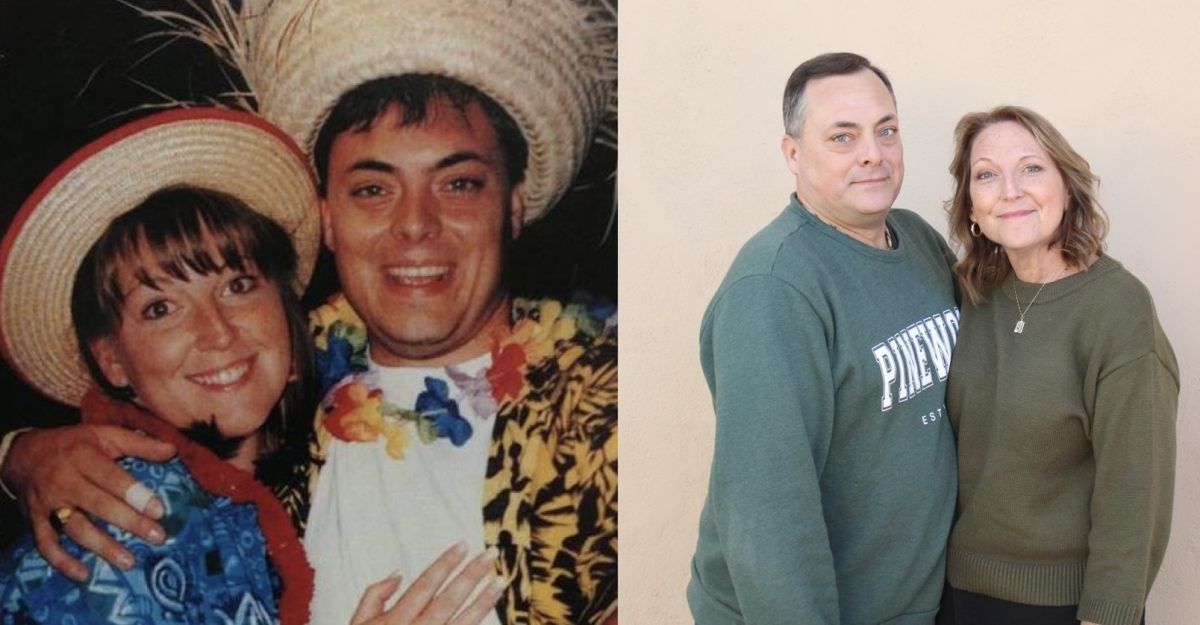 Bill and Jennifer Bates at Pinewood school dance, Spring 1997 (top). The couple in 2025 after 27 years together (bottom).