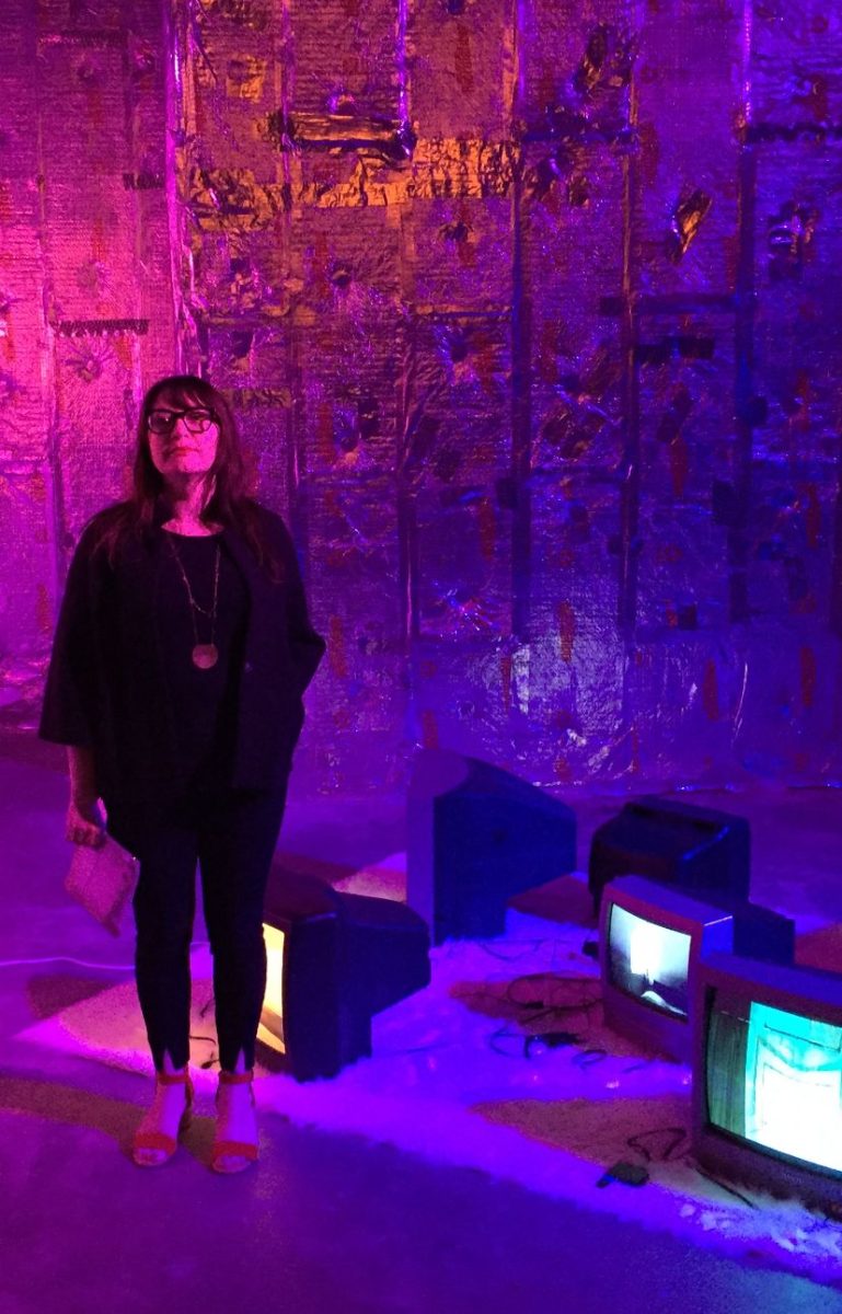 JOY BLALOCK at video installation and custom neon at Mint Museum.